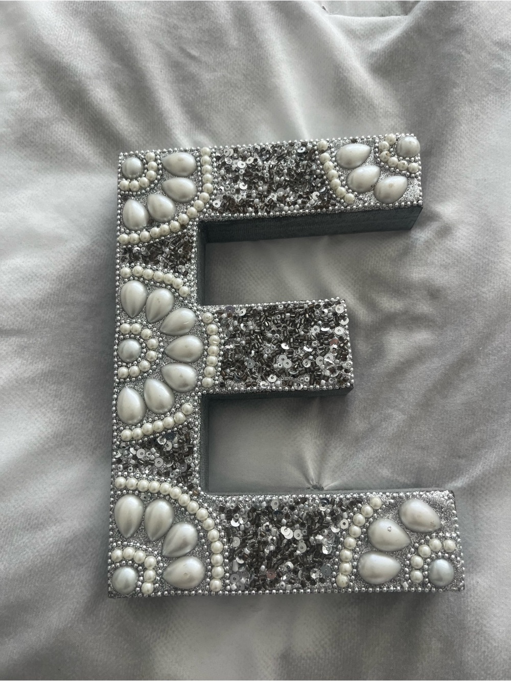 Letter E Decor in Silver and Pearl